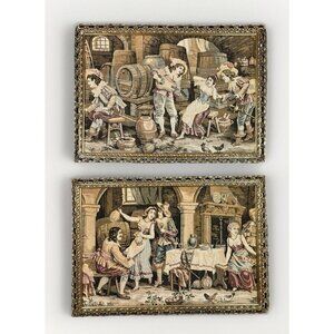 Pair Of Vintage French Tapestry Framed Antique Victorian Social Scene
